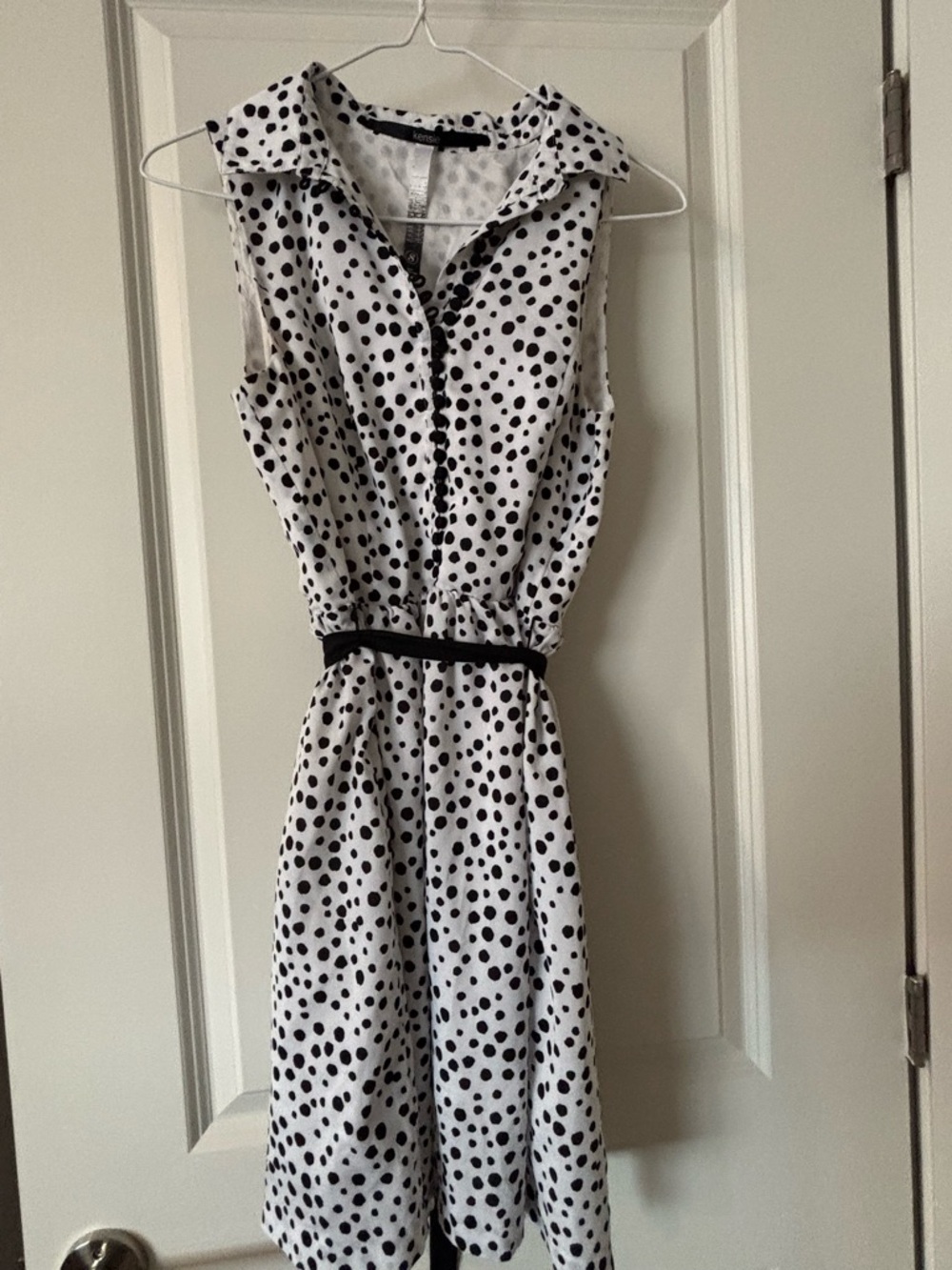 Kensie White Sleeveless Polka Dot Midi Dress with Black Belt